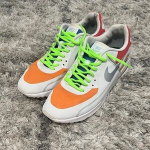 Nike Air Max 90 White Sneakers with Orange Toe, Neon Green Laces and Red Heel